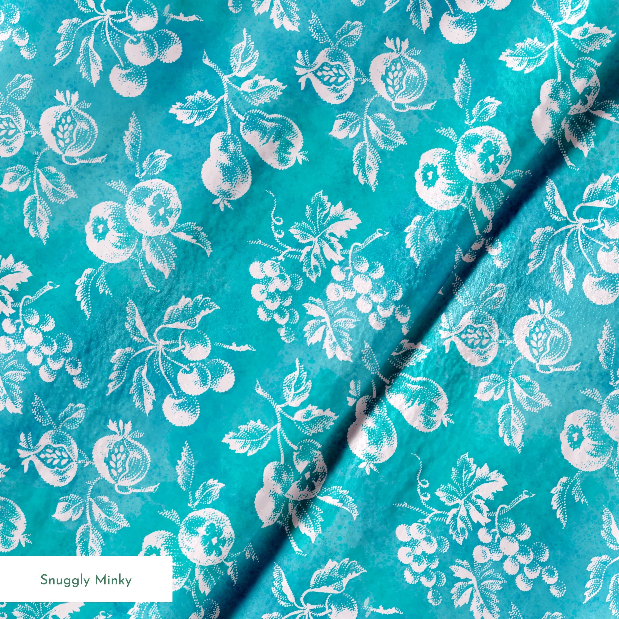 Teal background with white vintage fruit pattern featuring cherries, grapes, and pears springs minky texture