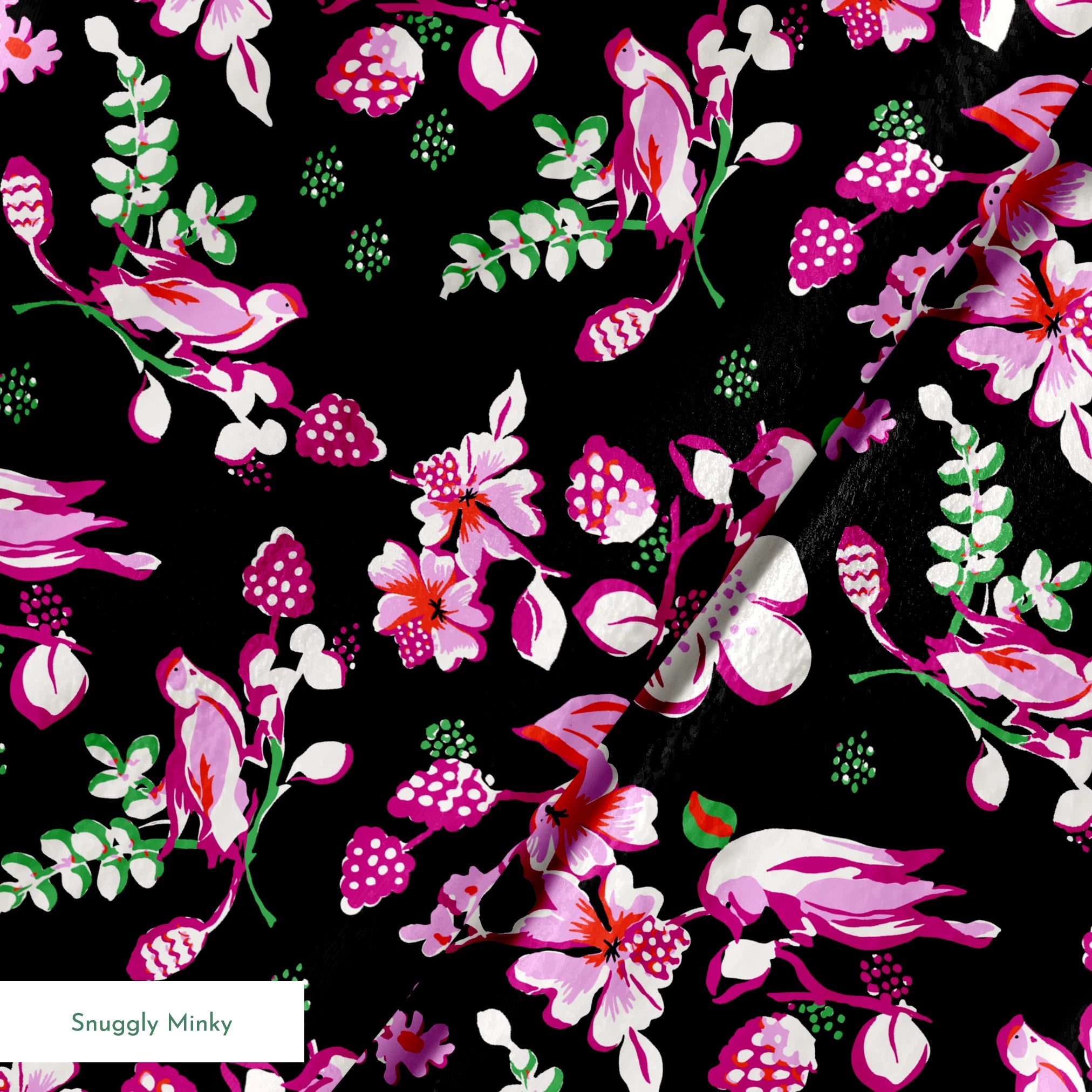 Vibrant pink birds and flowers pattern on black background with strawberry accents springs minky texture