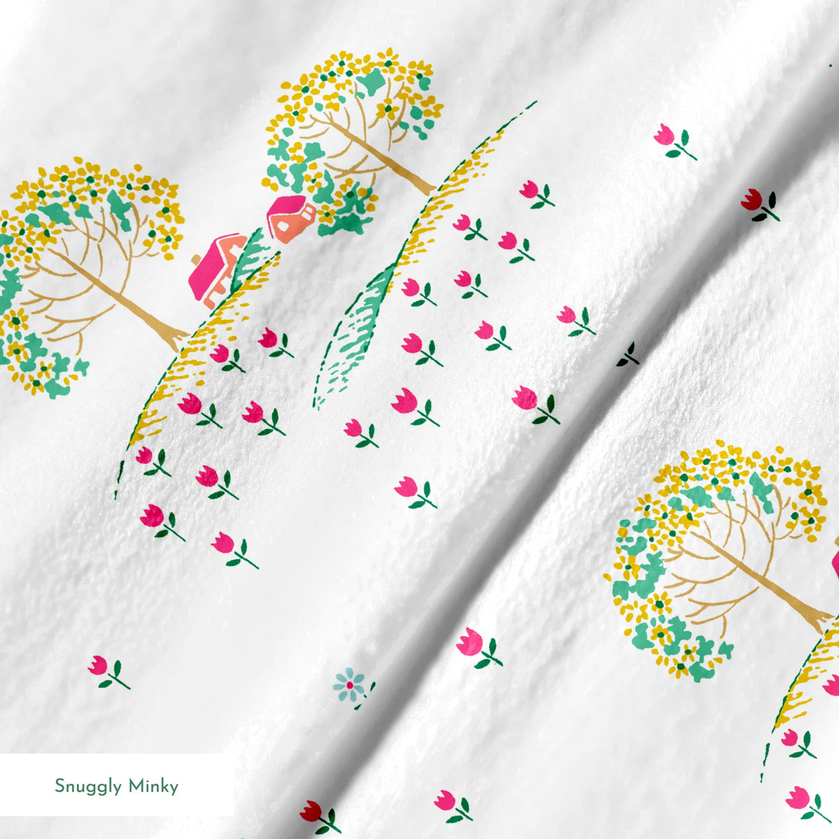 Whimsical pattern of colorful trees on small hills with scattered tiny flowers on a white background springs minky texture