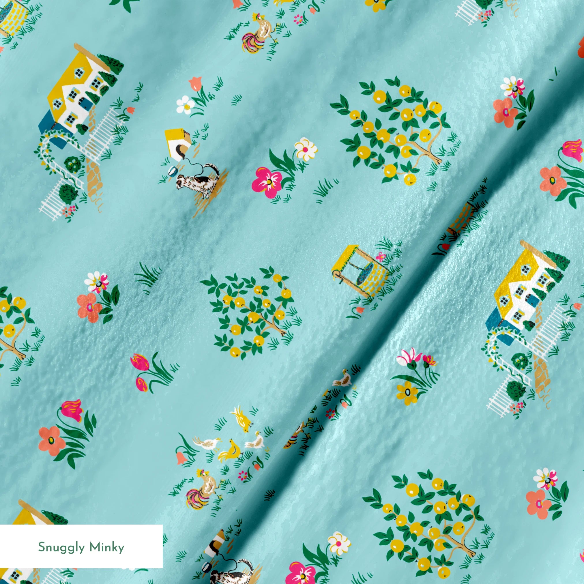 Whimsical light blue pattern with tiny cottages, tulips, and flower gardens in pastel colors springs minky texture