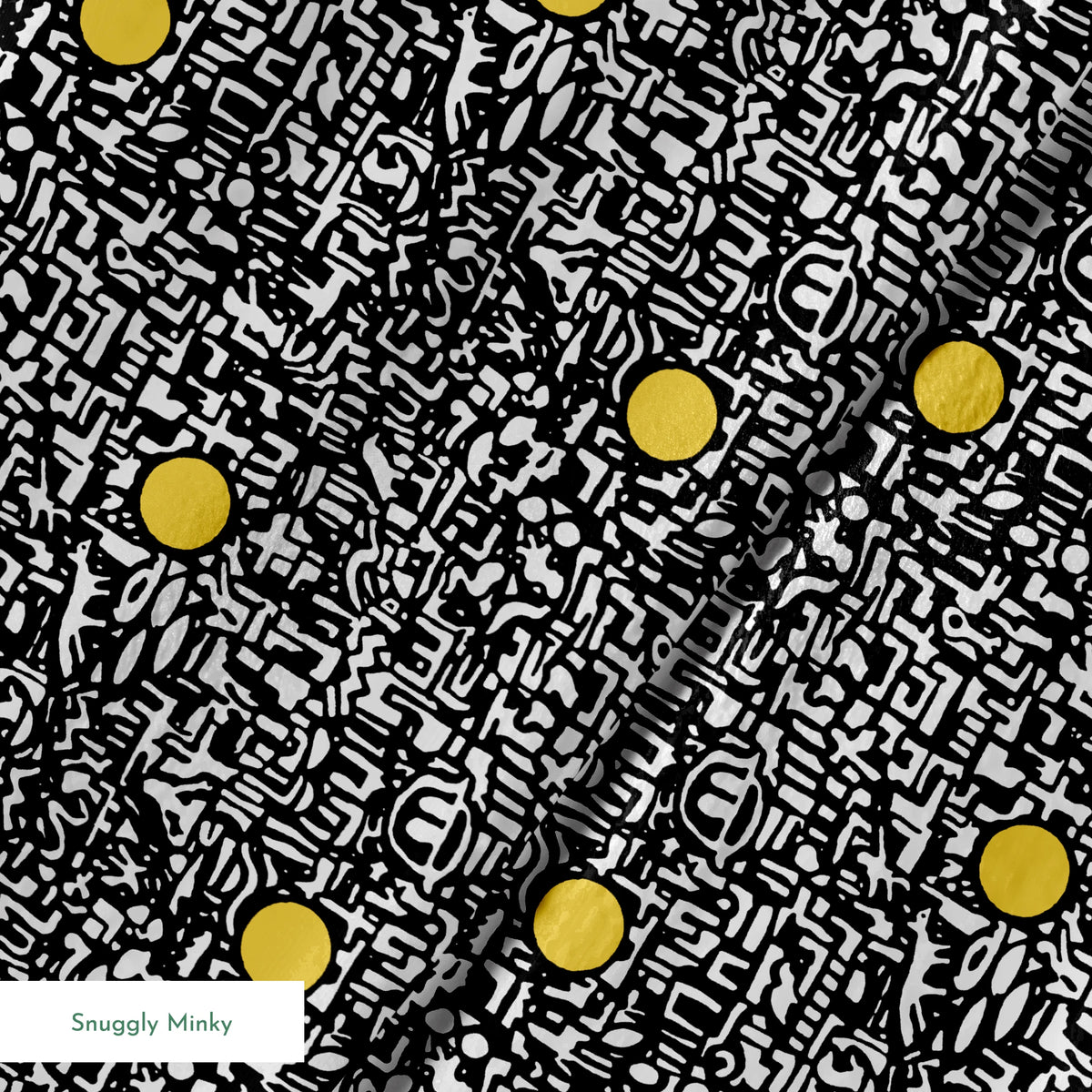 Abstract black and white maze pattern with scattered golden yellow dots arranged in a grid springs minky texture