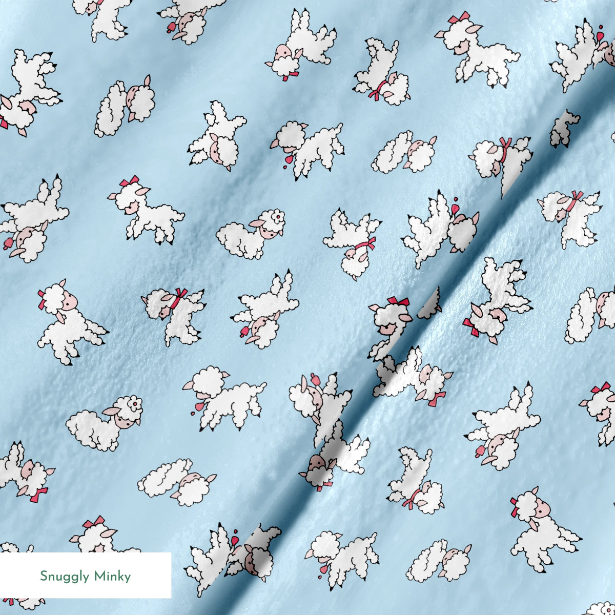 Playful white lambs pattern on light blue background with simple cartoon style illustration springs minky texture
