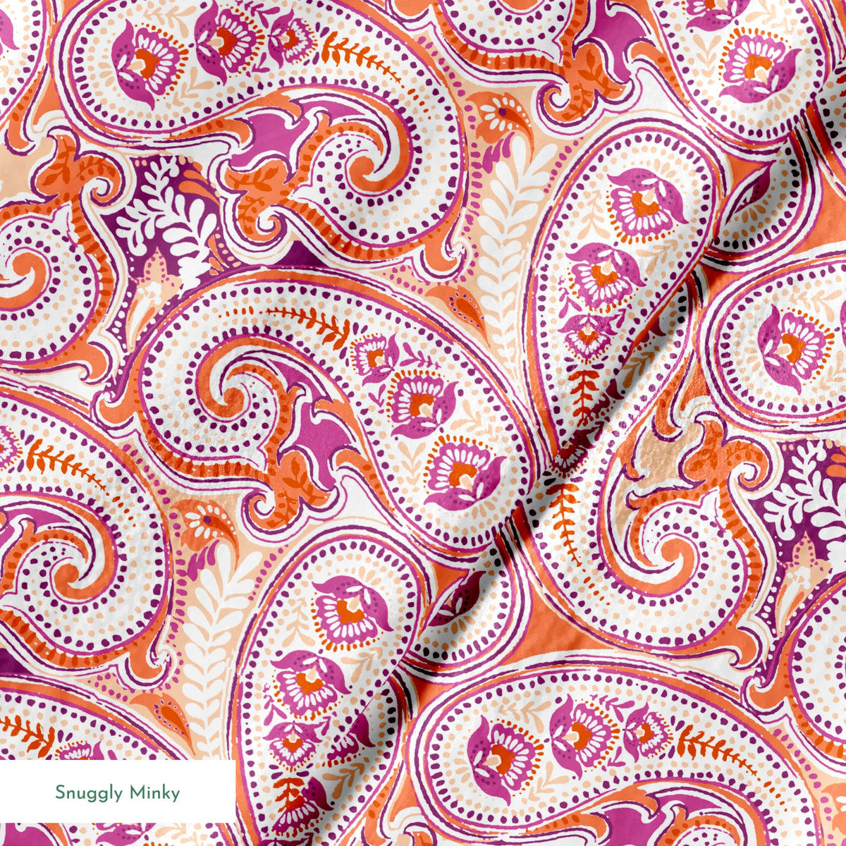 Vibrant paisley pattern in orange, pink and purple with swirling teardrop motifs and ornate details springs minky texture