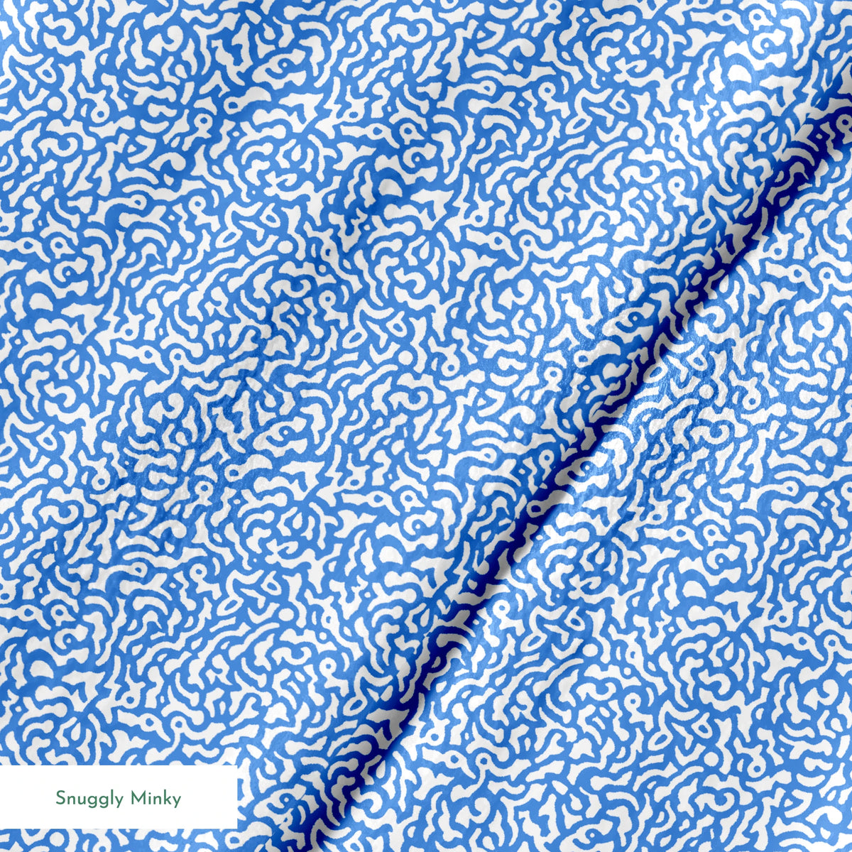 Blue and white abstract pattern with wavy, maze-like lines creating a flowing organic texture springs minky texture