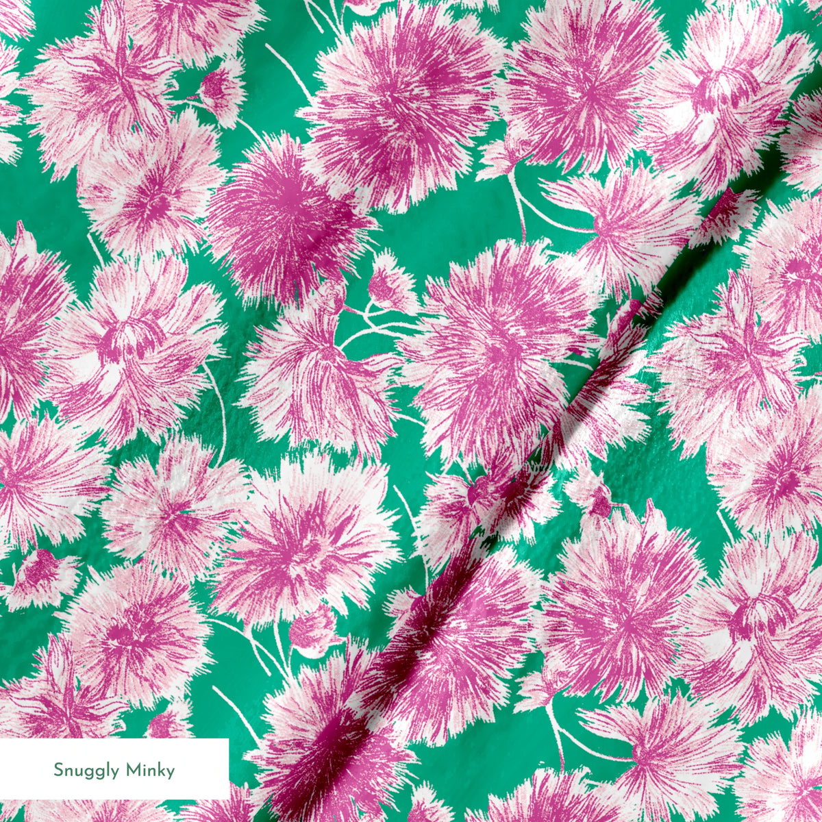 Pink and purple carnation flowers scattered on a green background in a repeating floral pattern springs minky texture