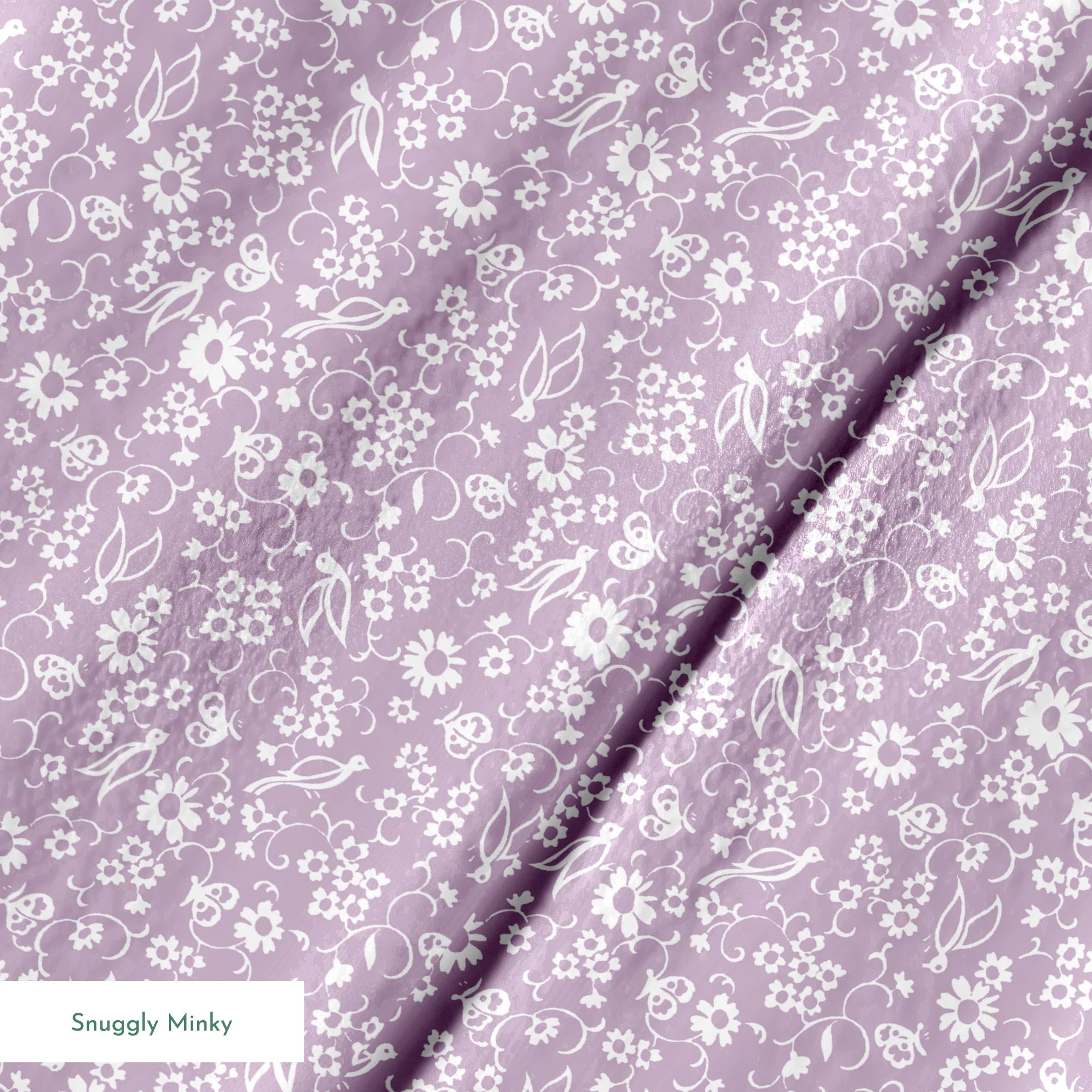 White floral pattern on lavender purple background with daisies and decorative swirls springs minky texture