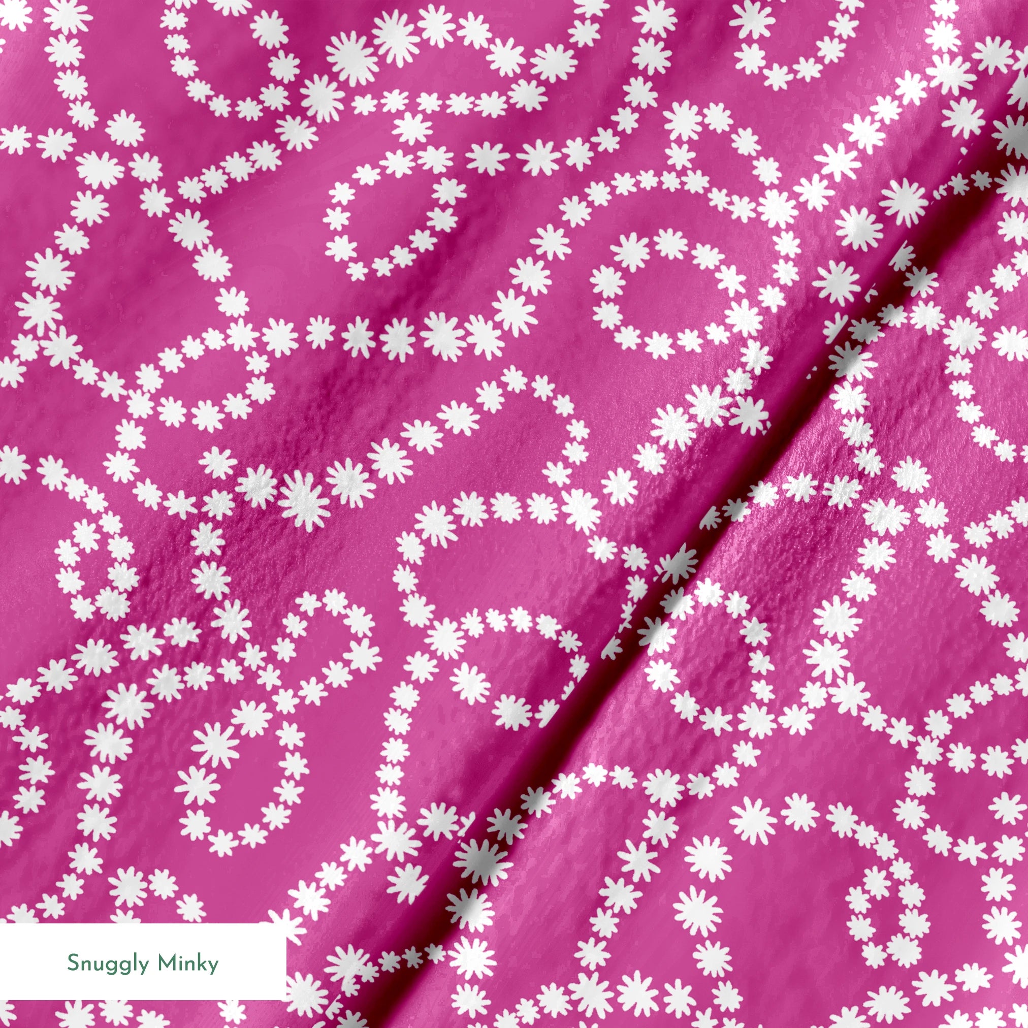 Magenta background with swirling white dotted pattern resembling pearl strands in decorative loops springs minky texture