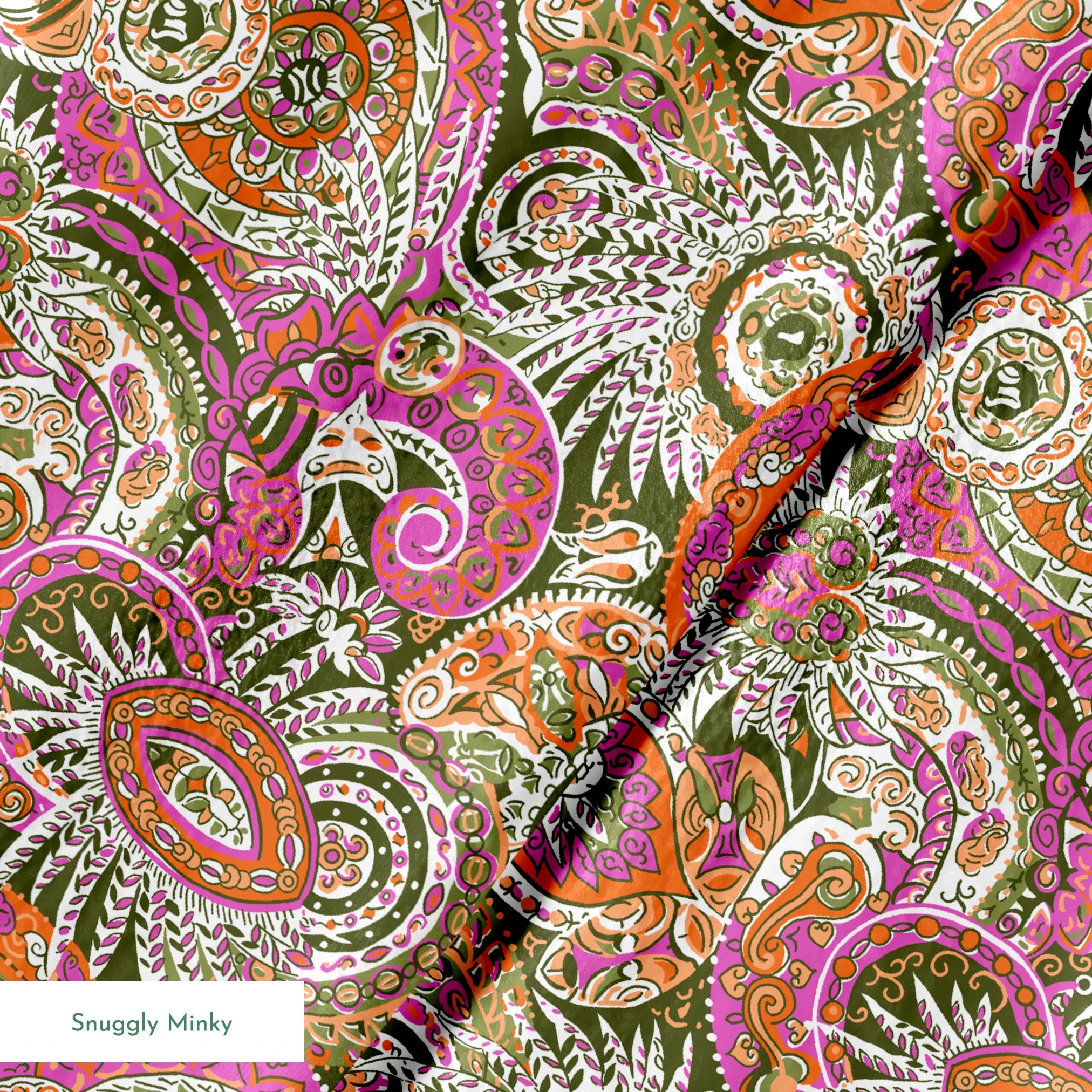 Vibrant paisley pattern with swirling designs in pink, orange, yellow and white on textured background springs minky texture
