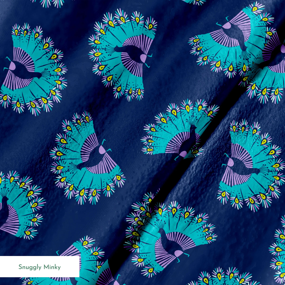 Vibrant peacock-inspired pattern with teal and purple fan shapes on blue background springs minky texture