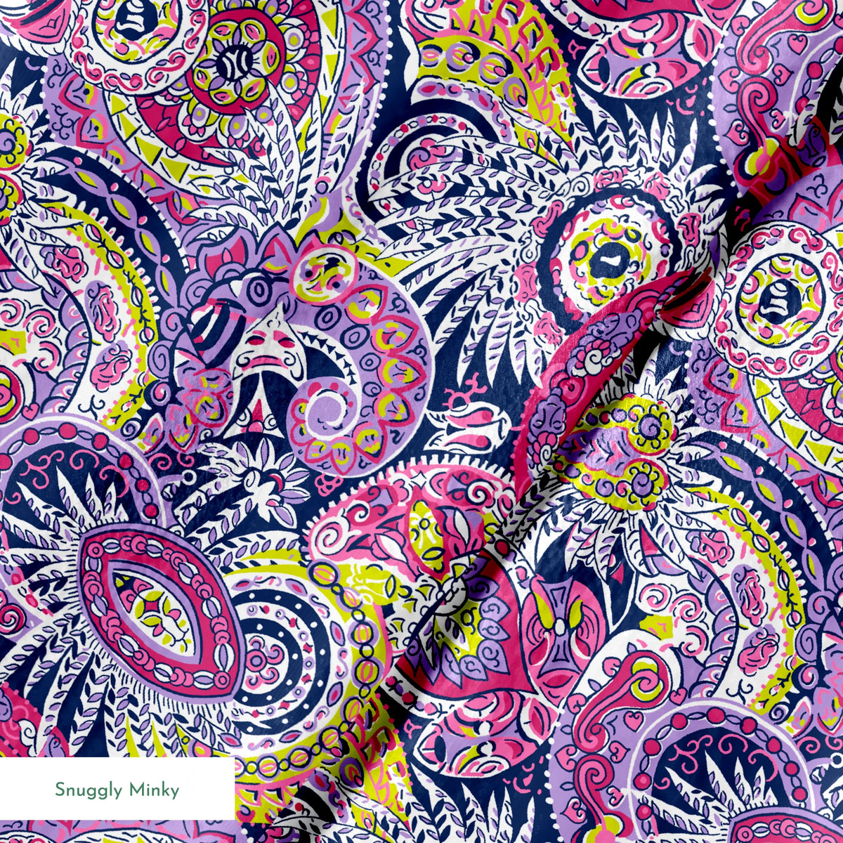 Vibrant paisley pattern in pink, purple, yellow, and blue with intricate swirling designs springs minky texture