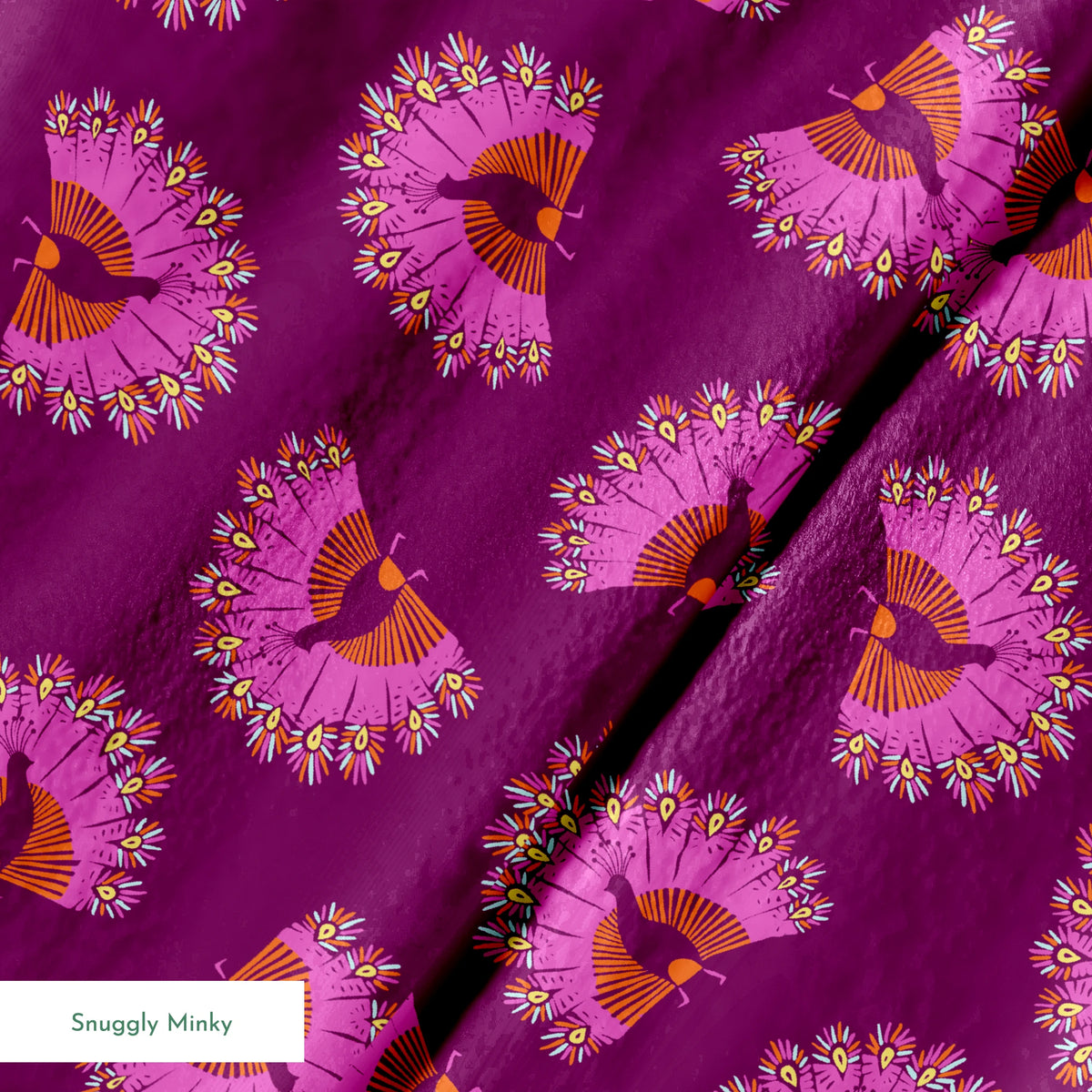 Decorative pattern with peacocks arranged in circular formations against a deep purple background springs minky texture