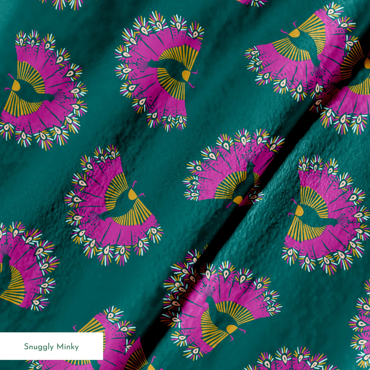 Vibrant pattern of pink circular bursts with yellow-green bird silhouettes on teal background springs minky texture