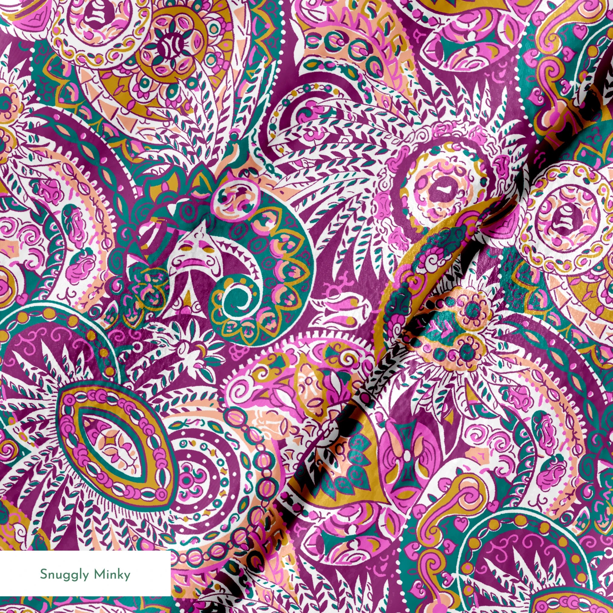 Colorful paisley pattern with intricate swirls in purple, pink, orange, and teal tones springs minky texture