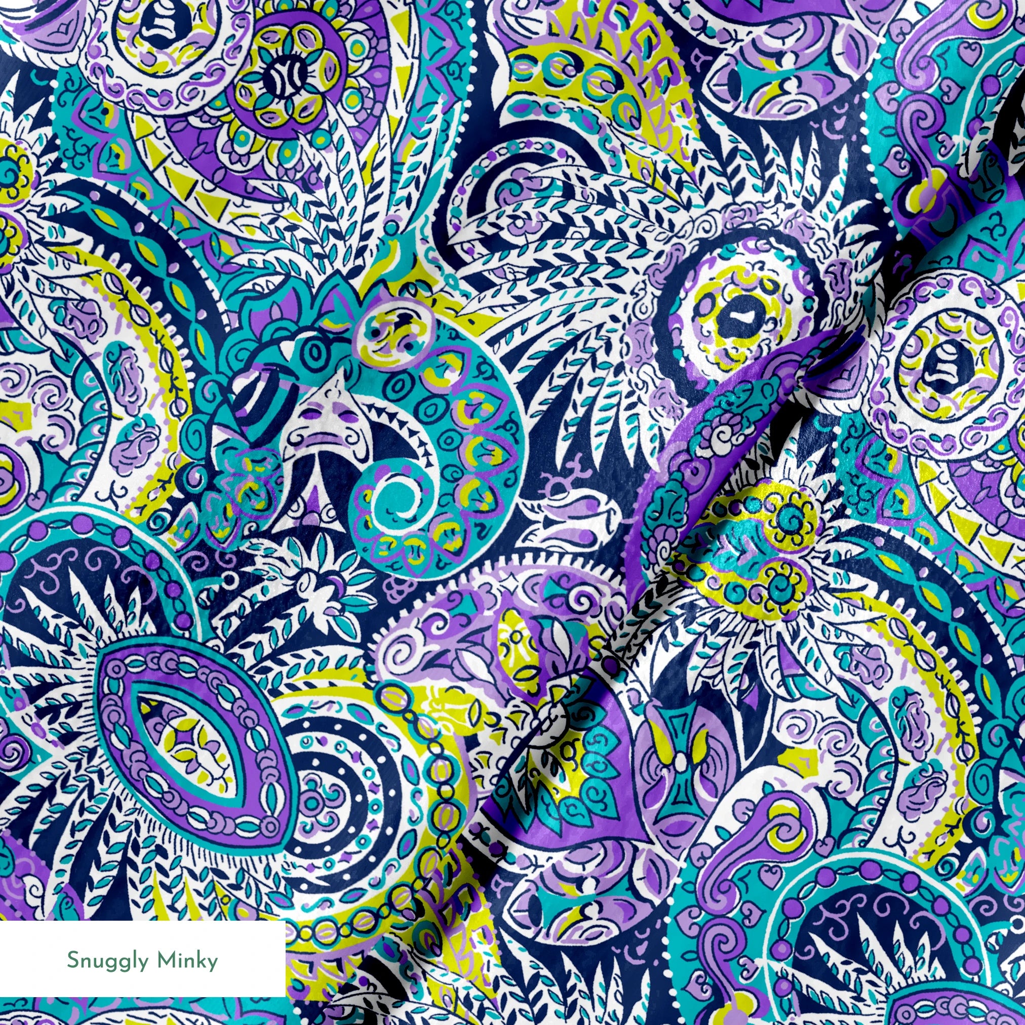 Vibrant paisley pattern with swirling designs in purple, blue, yellow, and white springs minky texture