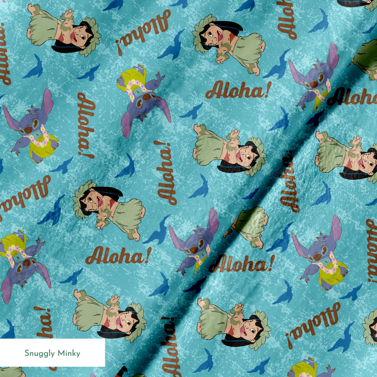Lilo and Stitch pattern on turquoise background with "Aloha!" text and blue silhouettes springs minky texture