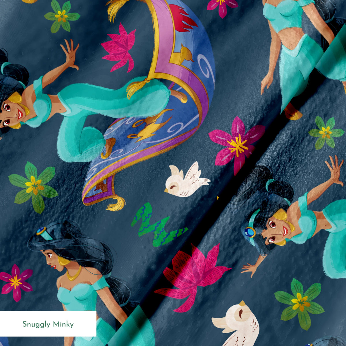 Animated characters in turquoise outfits flying on magic carpets with white doves, lotus flowers, and a golden lamp against dark background. springs minky texture