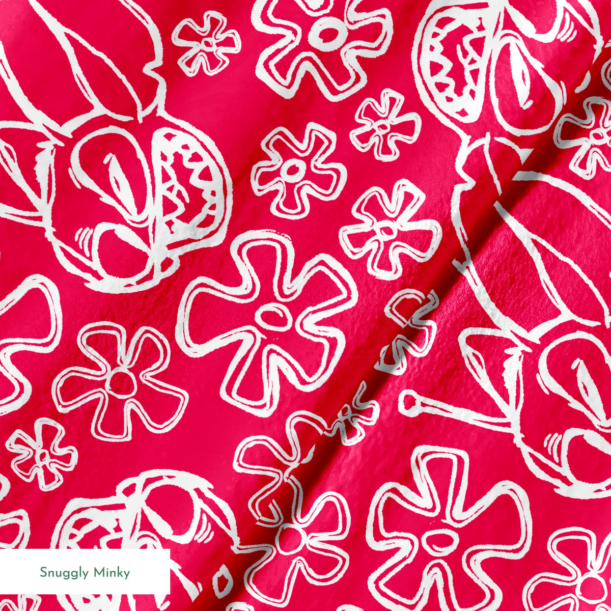 White flower doodles and Disney's Stitch on bright red background, hand-drawn style pattern springs minky texture