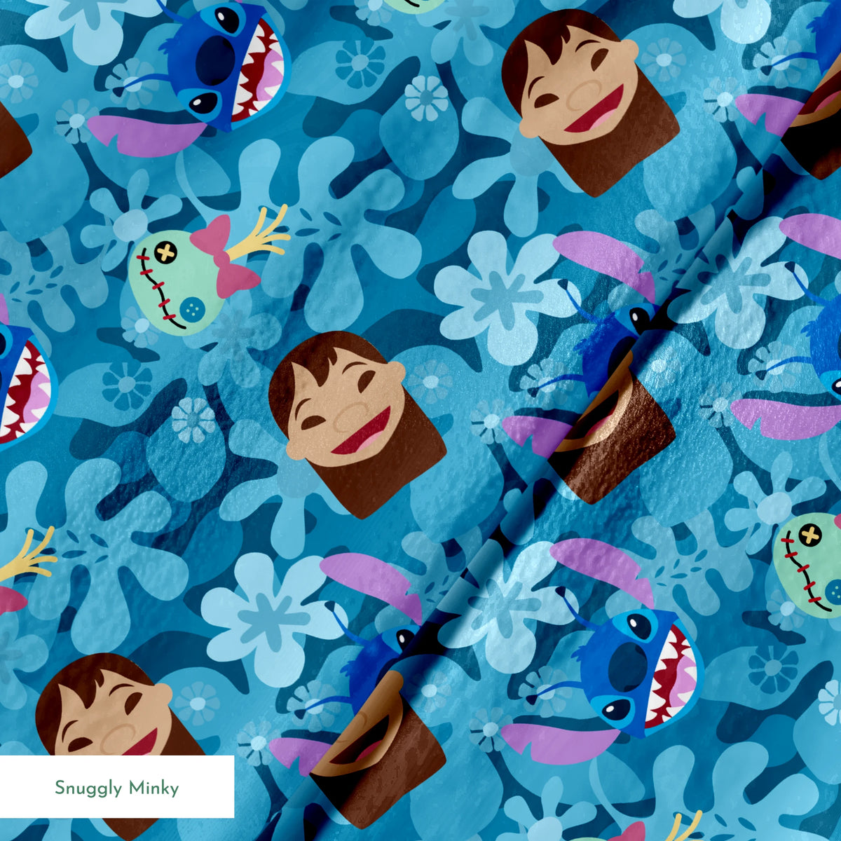 Disney's Stitch among floral elements and smiling faces on turquoise background springs minky texture