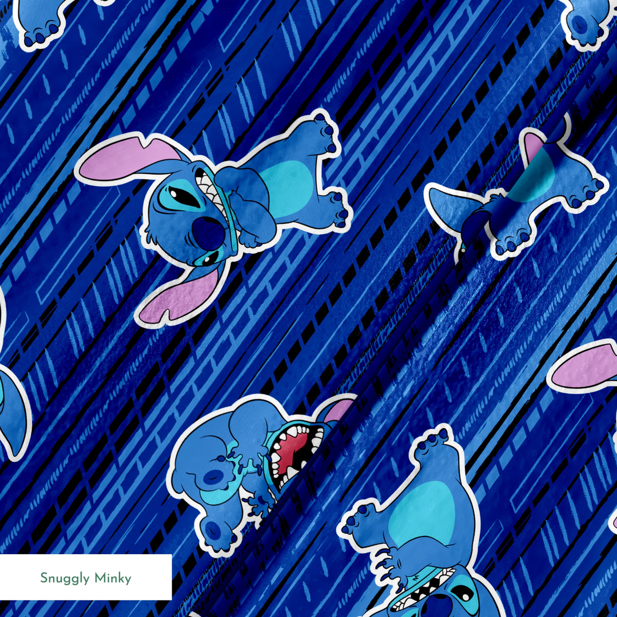 Blue background with Disney Stitch characters in various playful poses, featuring blue fur and pink ears springs minky texture
