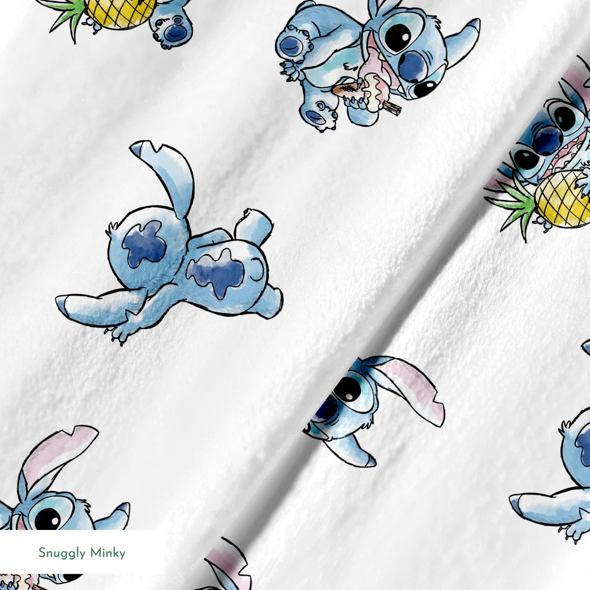 Disney's Stitch in various playful poses, some holding pineapples, on white background springs minky texture