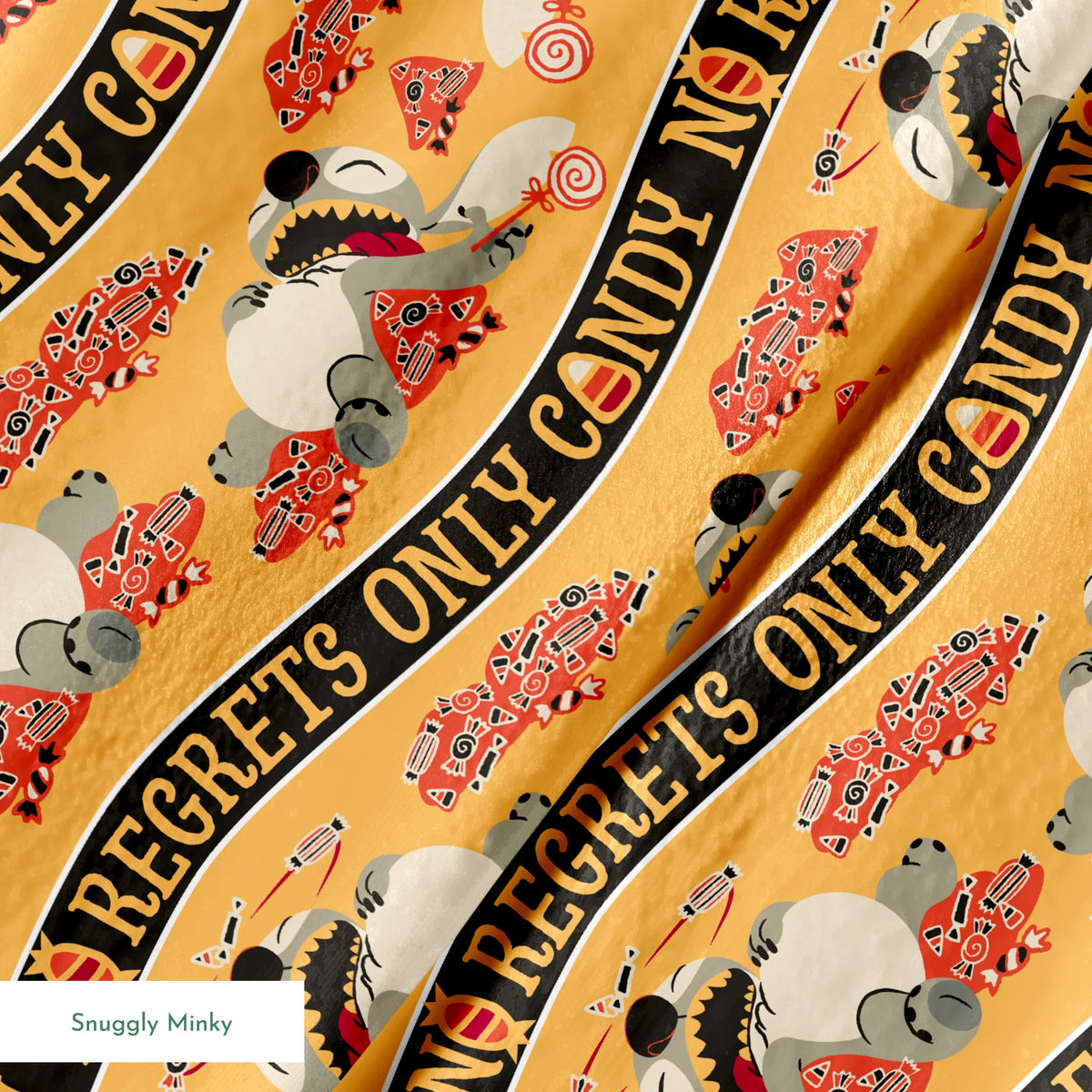 Repeating pattern with "NO REGRETS ONLY CANDY" text, featuring Disney's Stitch and candy corn on orange background. springs minky texture
