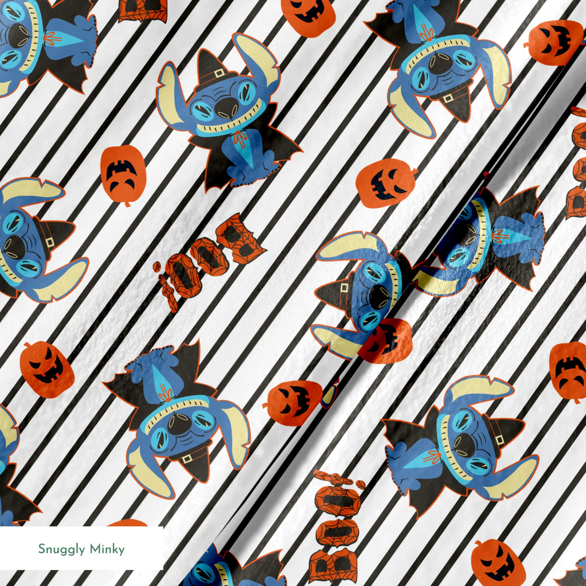 Disney's Stitch with witch hat alongside orange pumpkins on black and white striped background springs minky texture