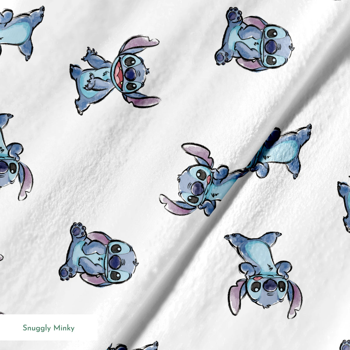 Blue cartoon Stitch characters from Disney's Lilo & Stitch in various playful poses on white background springs minky texture