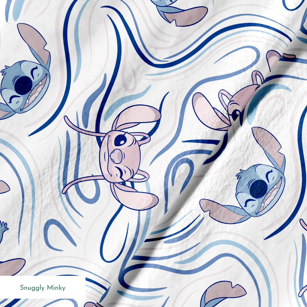 Blue alien character with large ears in various poses on swirling blue and white pattern background springs minky texture