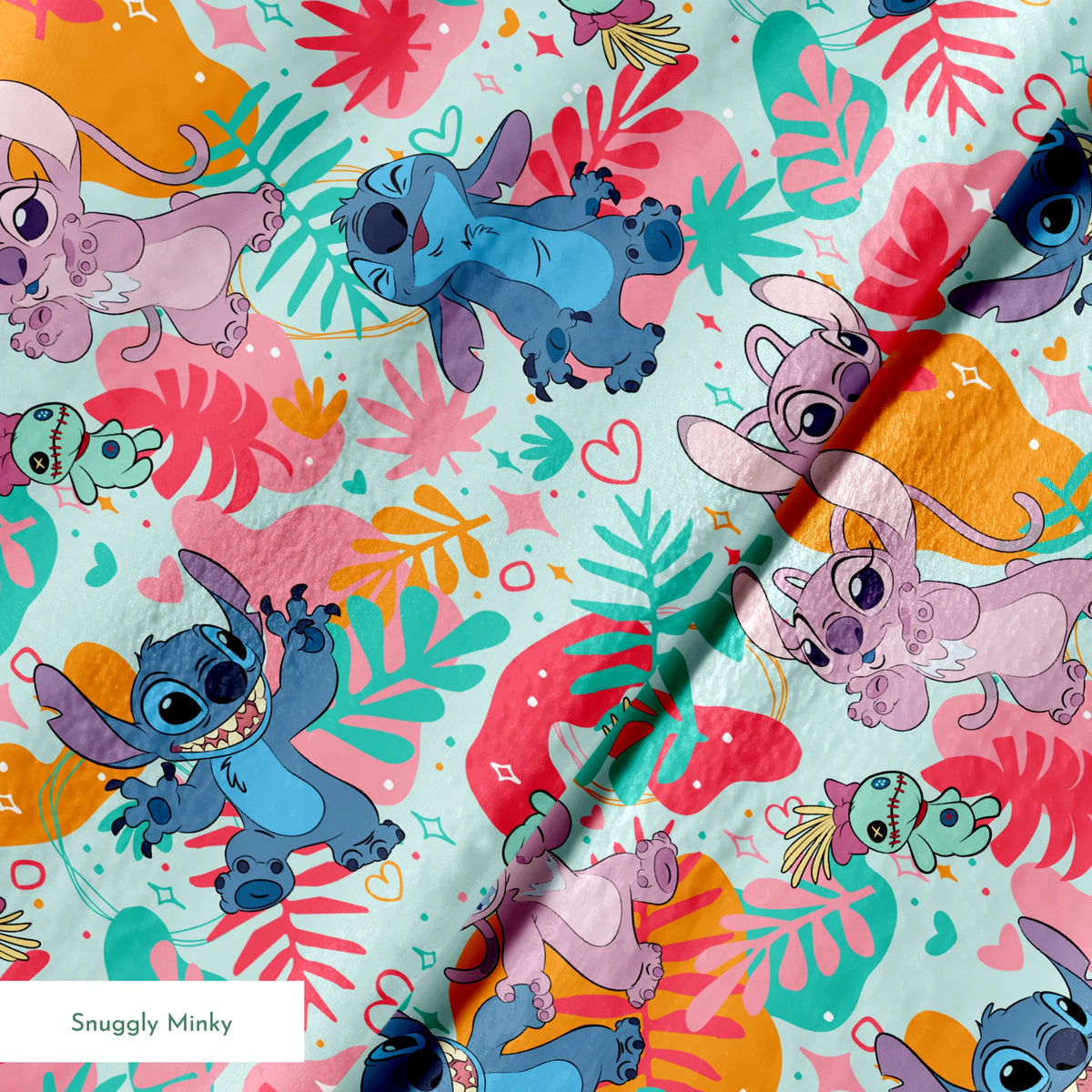 Colorful Stitch pattern with characters from Lilo & Stitch amid tropical leaves on turquoise background springs minky texture