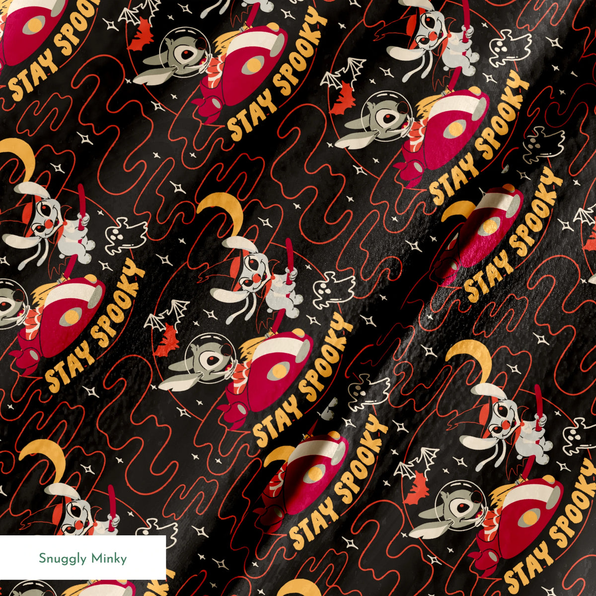 Repeating Halloween pattern with Stitch, "STAY SPOOKY" text, crescent moons, and swirling red lines on dark background. springs minky texture