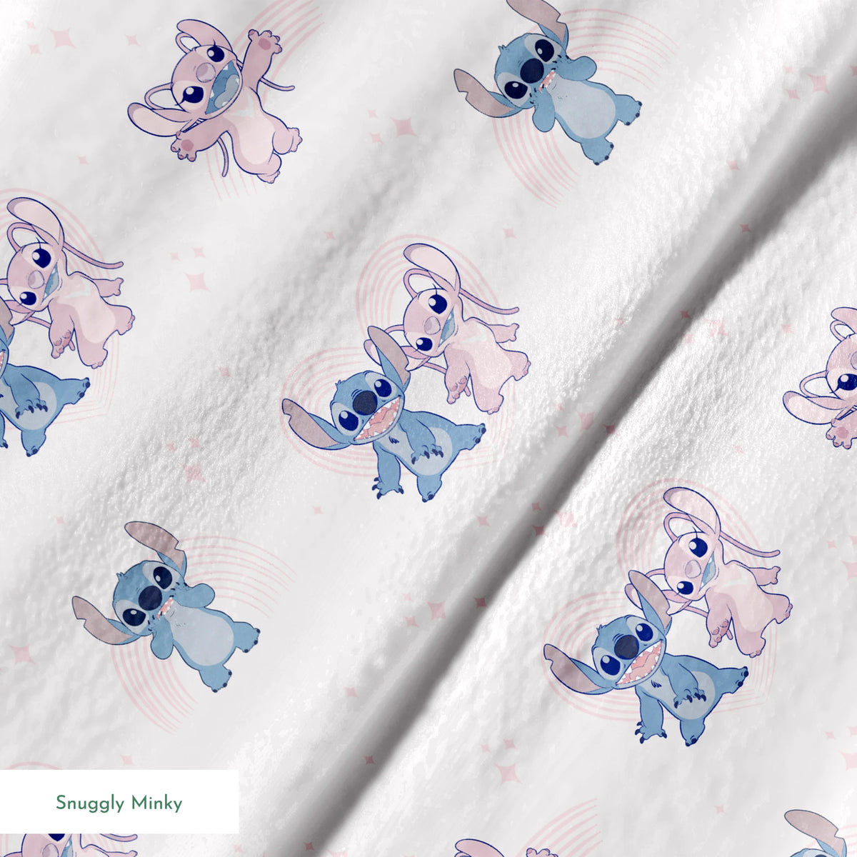 Cartoon pattern of blue and pink Stitch characters from Lilo & Stitch with playful poses on pale background springs minky texture