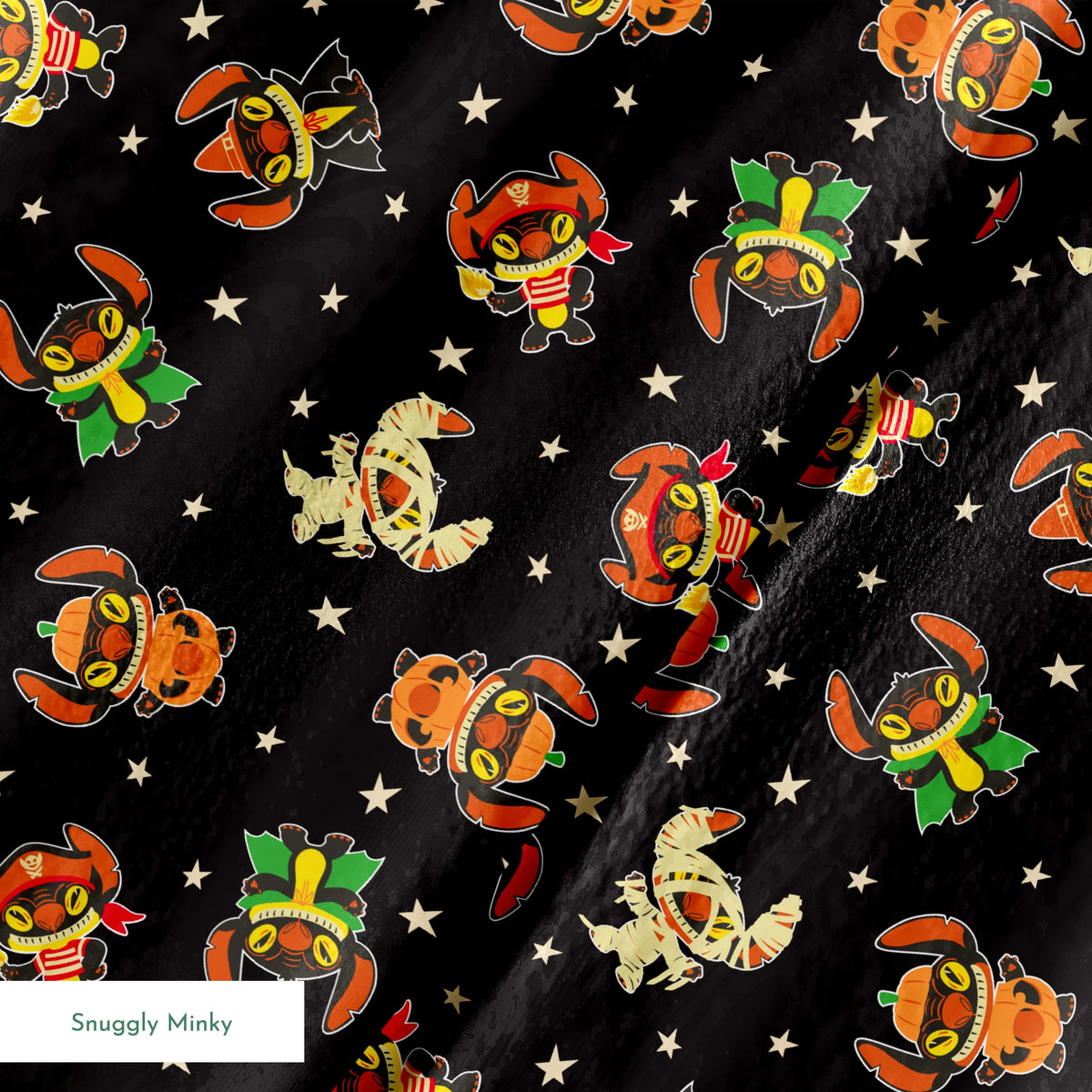 Pattern of Stitch in vibrant colors on black background with stars springs minky texture