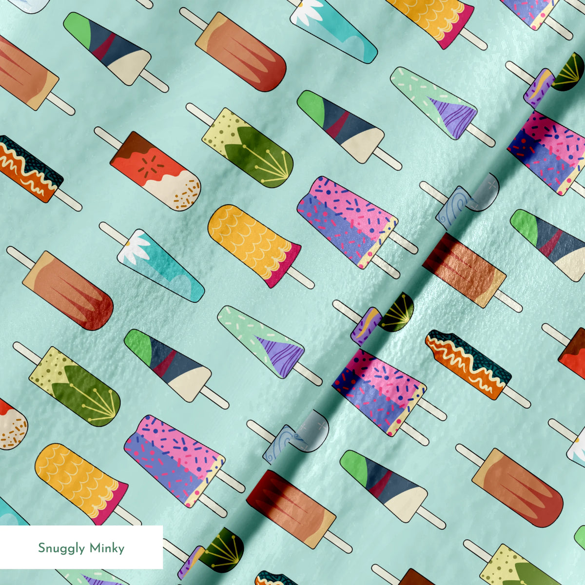 Disney Princess popsicle pattern on light teal background with various ice cream designs and styles springs minky texture