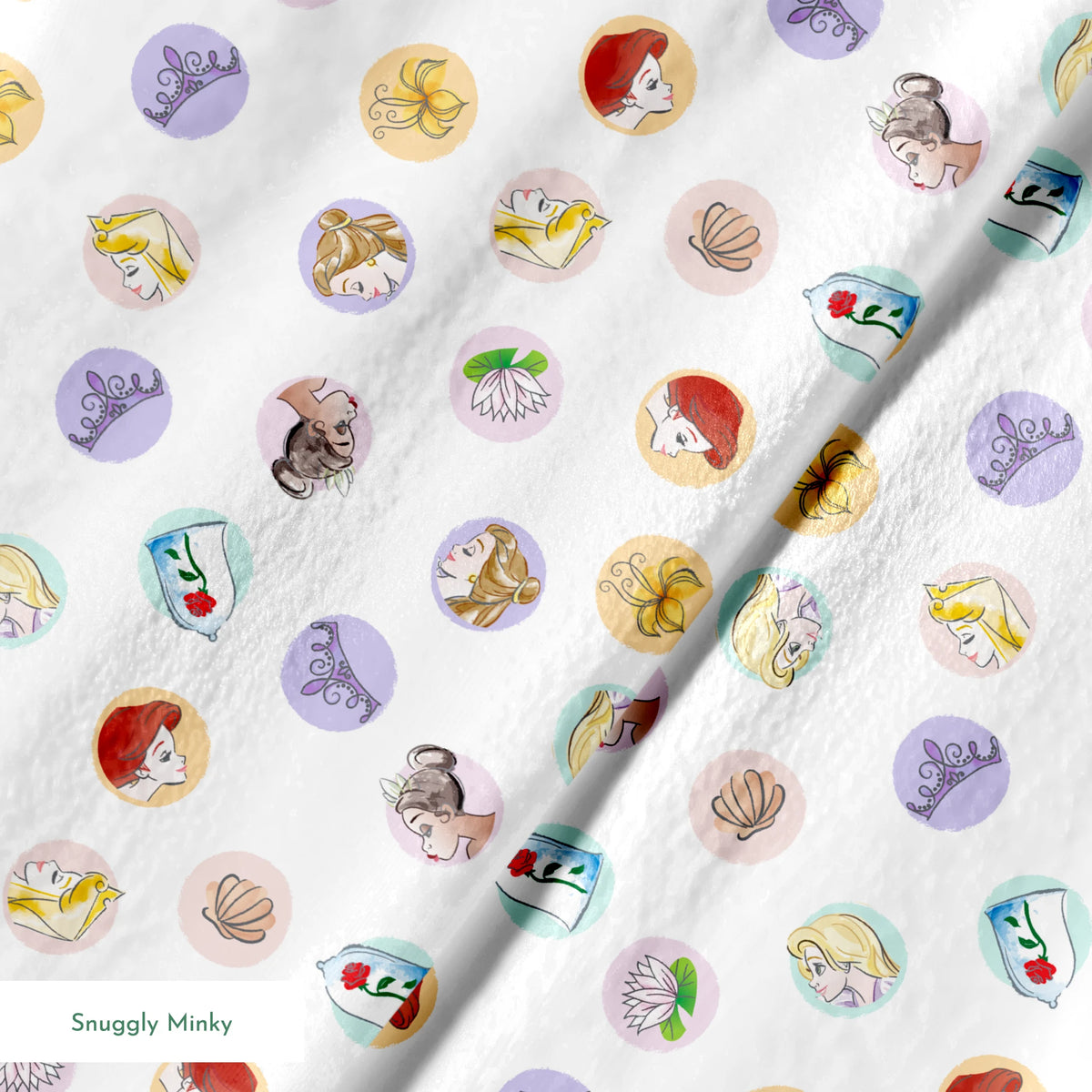 Colorful circular illustrations featuring Disney Princesses and symbols on white background springs minky texture