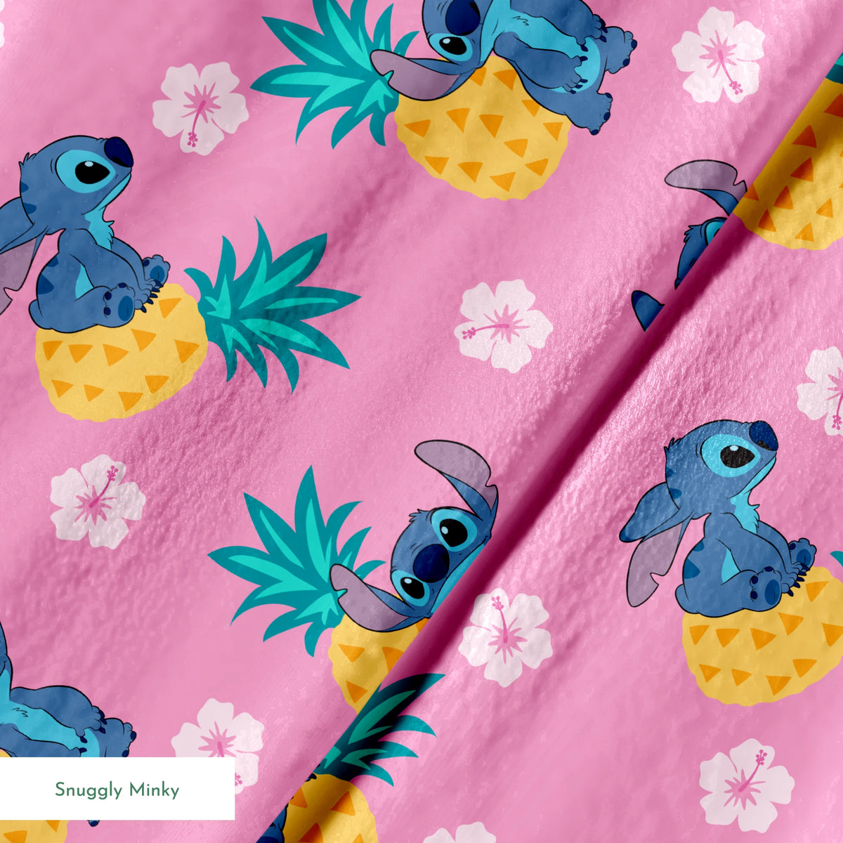 Stitch characters with pineapples and white hibiscus flowers on pink background pattern springs minky texture