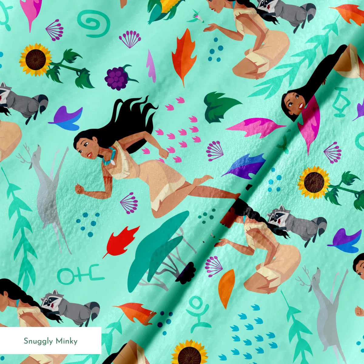 Colorful pattern with figures in nature motifs featuring sunflowers, leaves, and flowing design elements on turquoise background springs minky texture