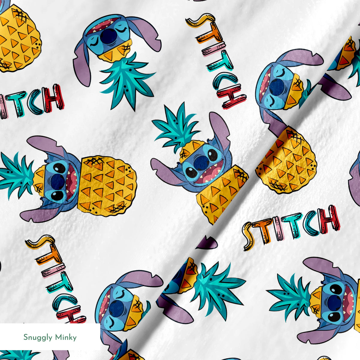 Colorful pattern of cartoon blue creatures with long ears inside pineapples, with "Stitch" text springs minky texture