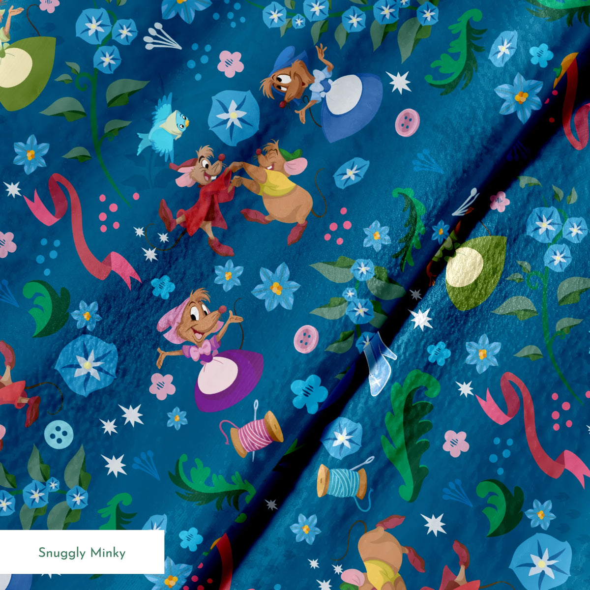 Colorful fairy tale pattern with mice, glass slippers, pumpkins, and floral elements on deep blue background springs minky texture