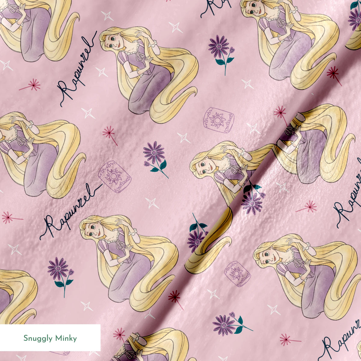 Repeating pattern of blonde character in purple dress with long flowing hair, flowers, and "Rapunzel" text on pink background springs minky texture