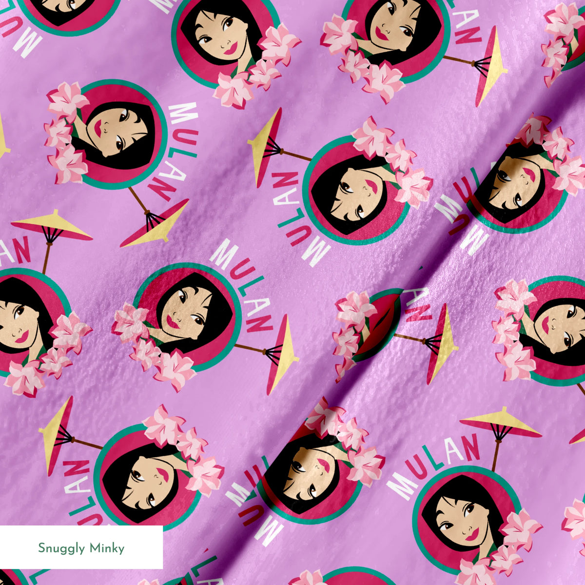 Animated character portrait pattern on purple background with pink flowers and yellow parasols springs minky texture