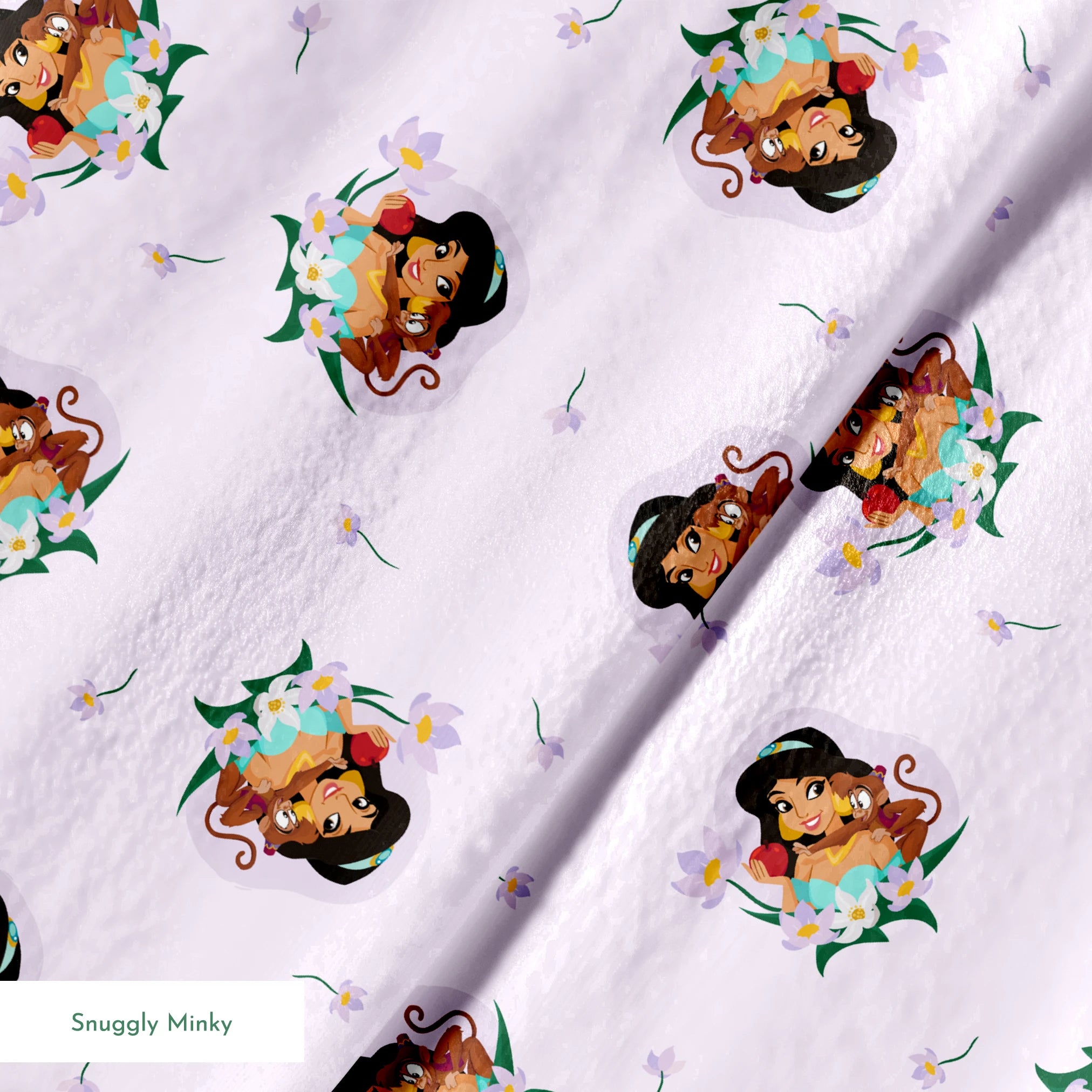 Cartoon pattern of Princess Jasmine with tiger cub surrounded by flowers on light pink background springs minky texture