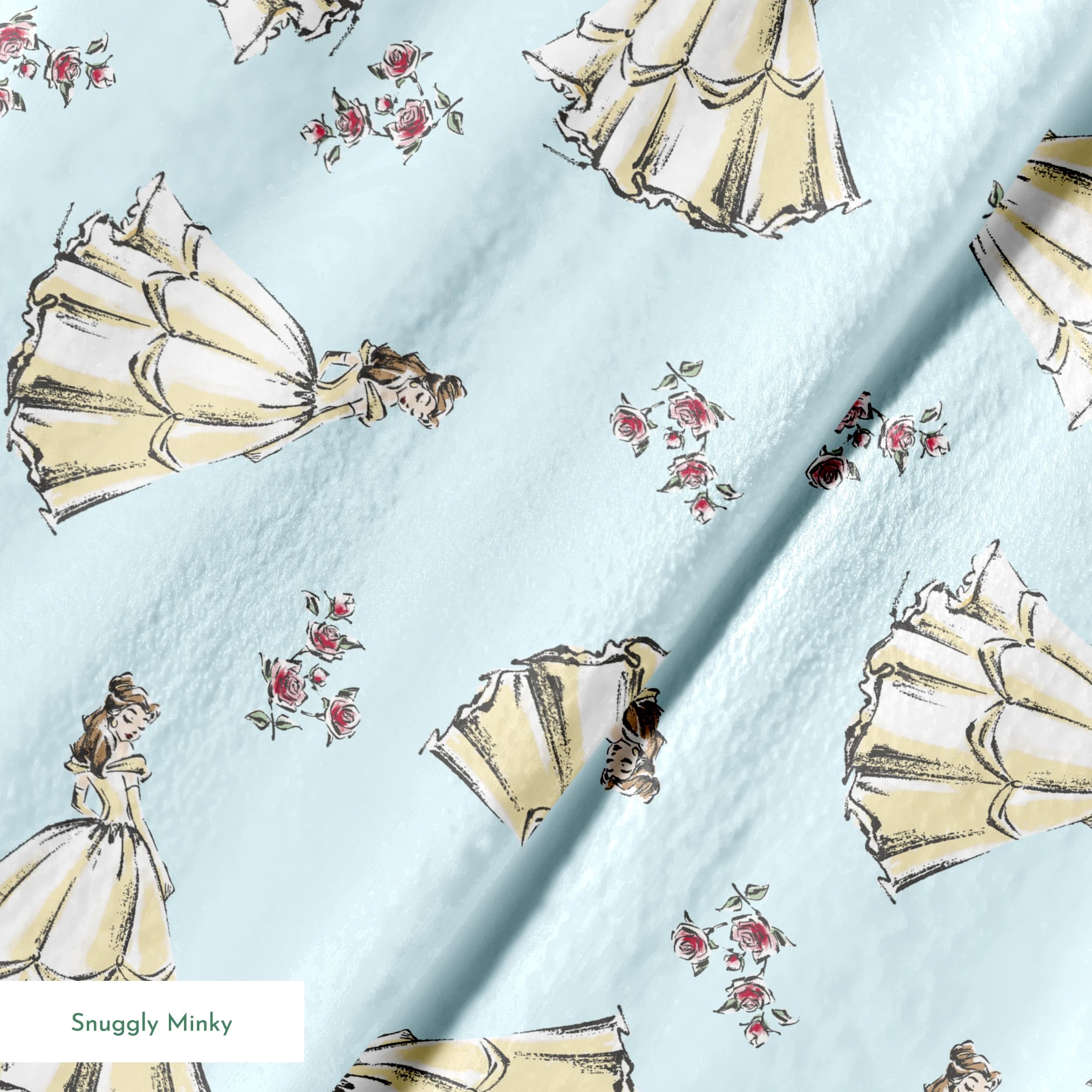 Light yellow pleated bell-shaped objects with small pink floral accents scattered on pale blue background springs minky texture