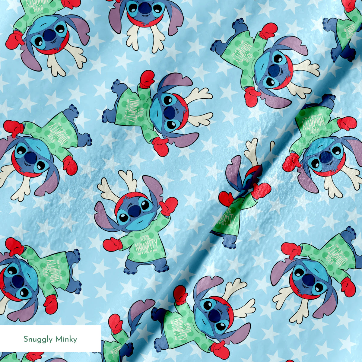 A repeating pattern of Disney's Stitch in holiday outfits with Christmas trees on light blue snowflake background. springs minky texture