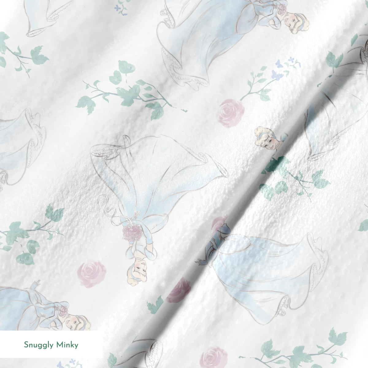 Delicate pattern of flowing blue dresses, pink roses, and mint green foliage on a light background springs minky texture