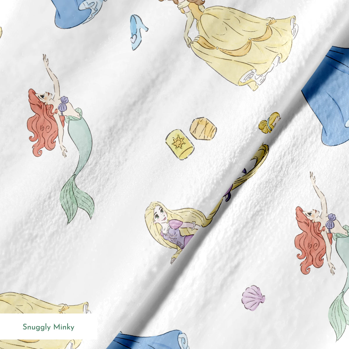 Disney princesses pattern with yellow gown, mermaid with tail, purple dress, roses and shells on light blue background. springs minky texture