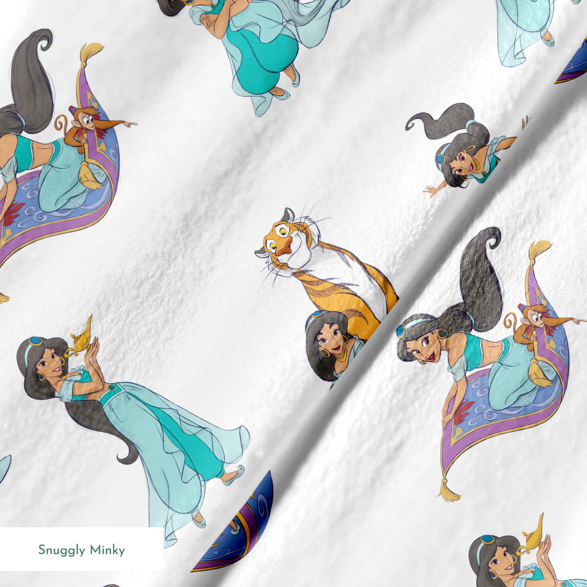 Cartoon pattern featuring a princess in teal outfit with long black hair in various poses with a magic carpet and tiger springs minky texture