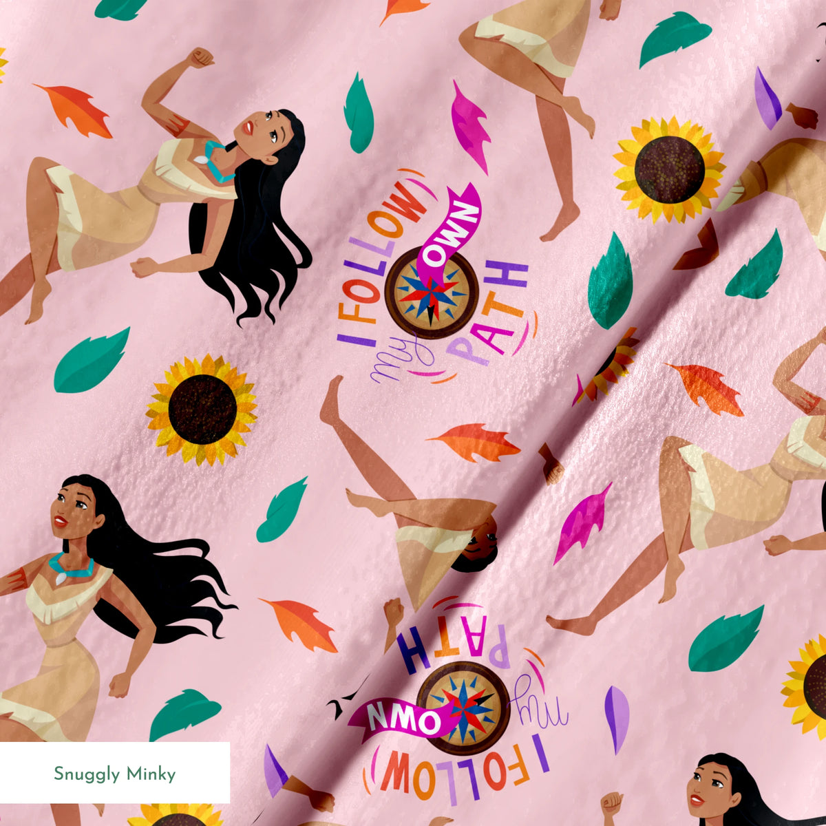 Colorful pattern with figures in relaxed poses, sunflowers, and text "Hi I Follow My Own Path" on pink background springs minky texture