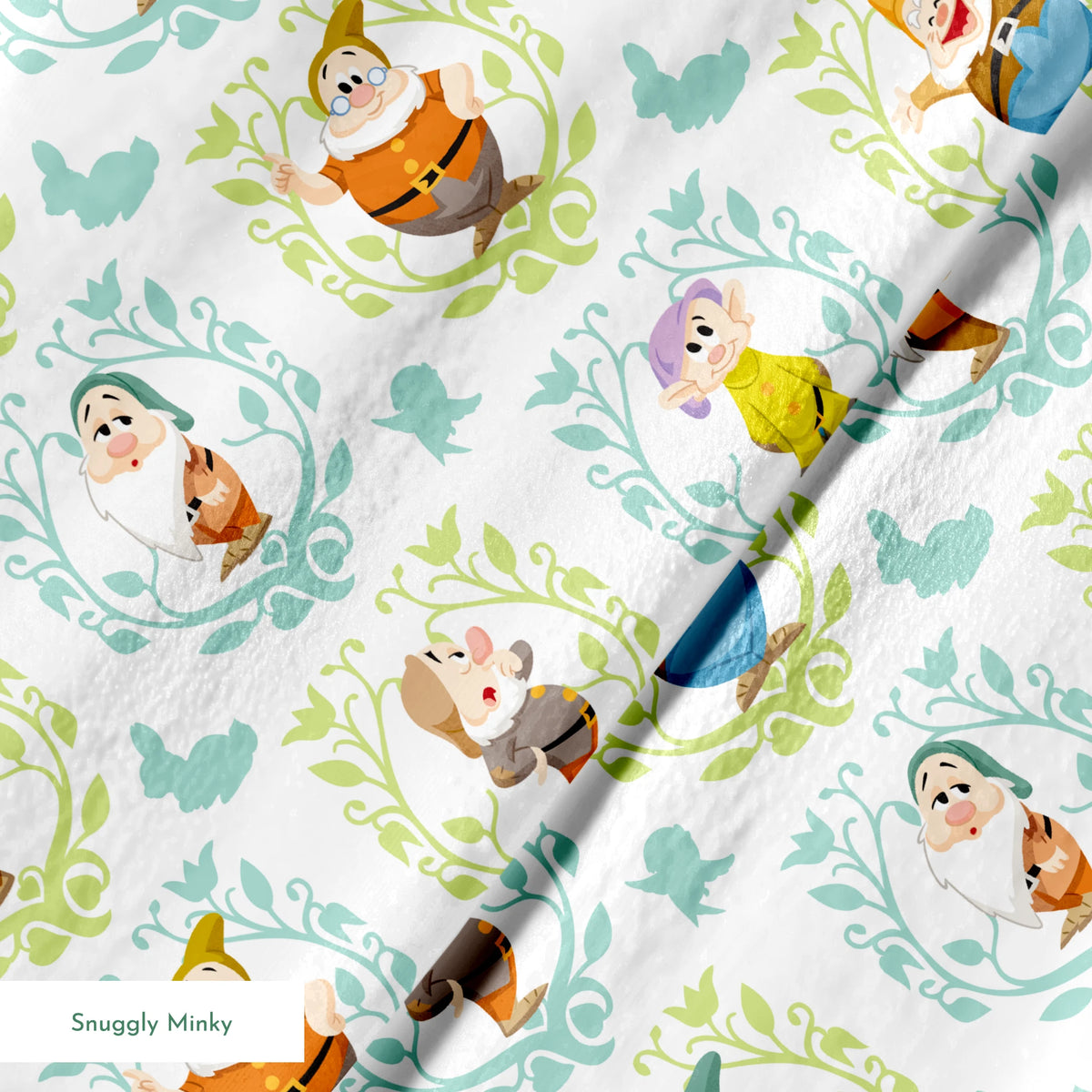 Cartoon pattern of Snow White's seven dwarfs in decorative floral frames on light background springs minky texture