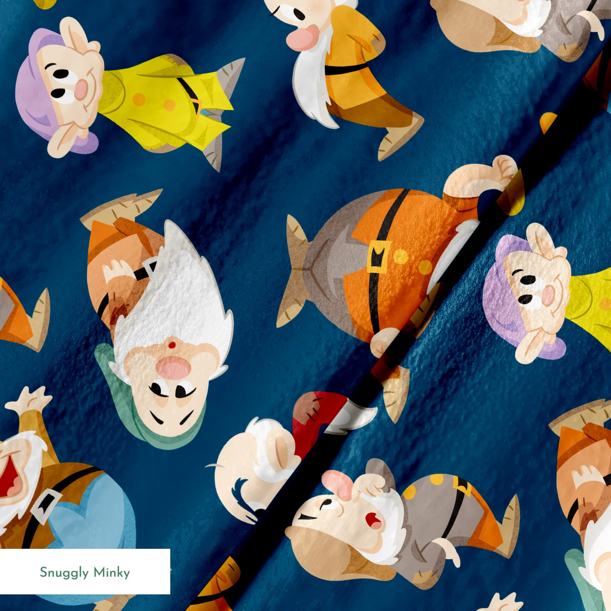 Colorful pattern of cartoon dwarfs in various outfits and poses on a deep blue background springs minky texture
