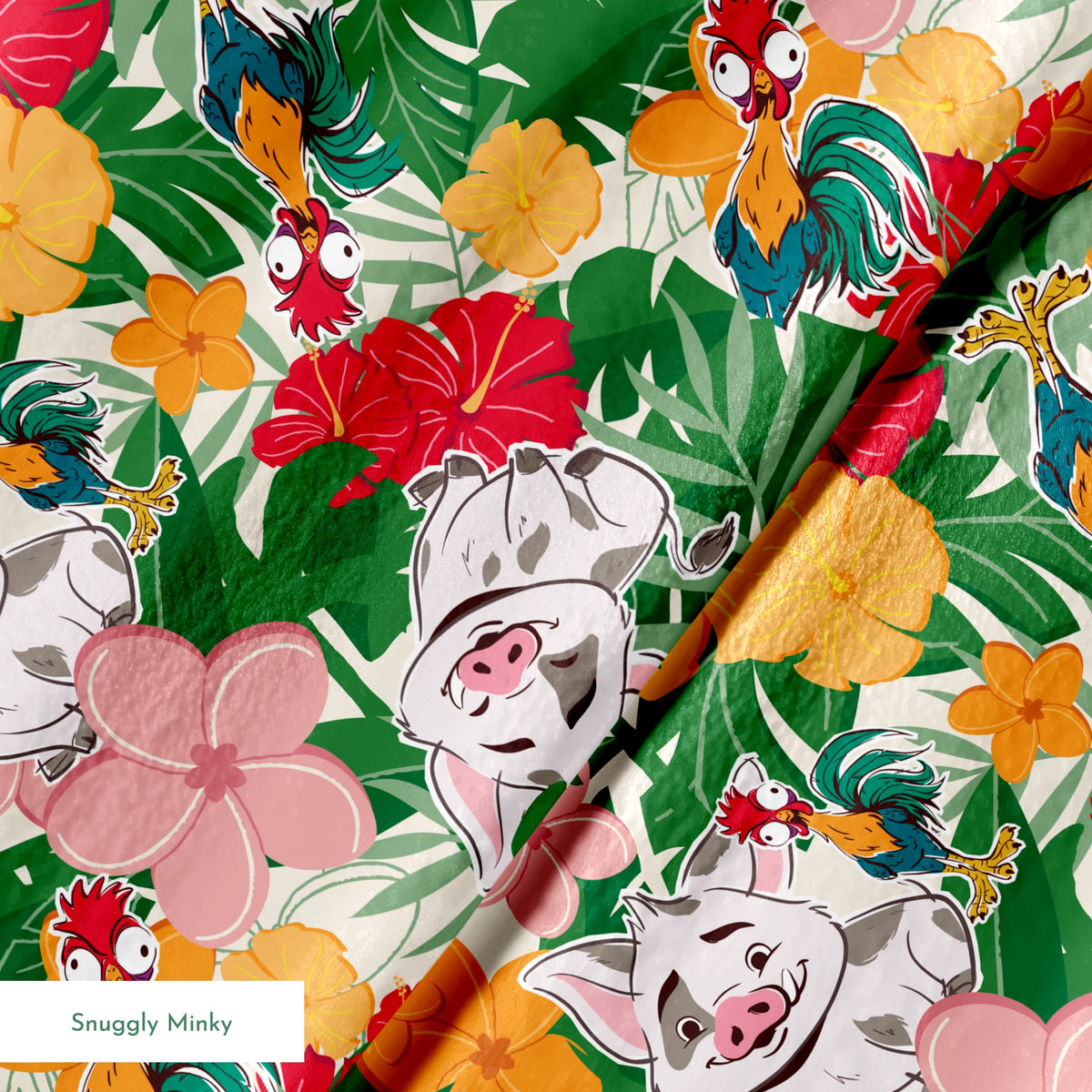 Cartoon pigs peeking through vibrant tropical flowers in red, orange, yellow, and pink among green foliage springs minky texture